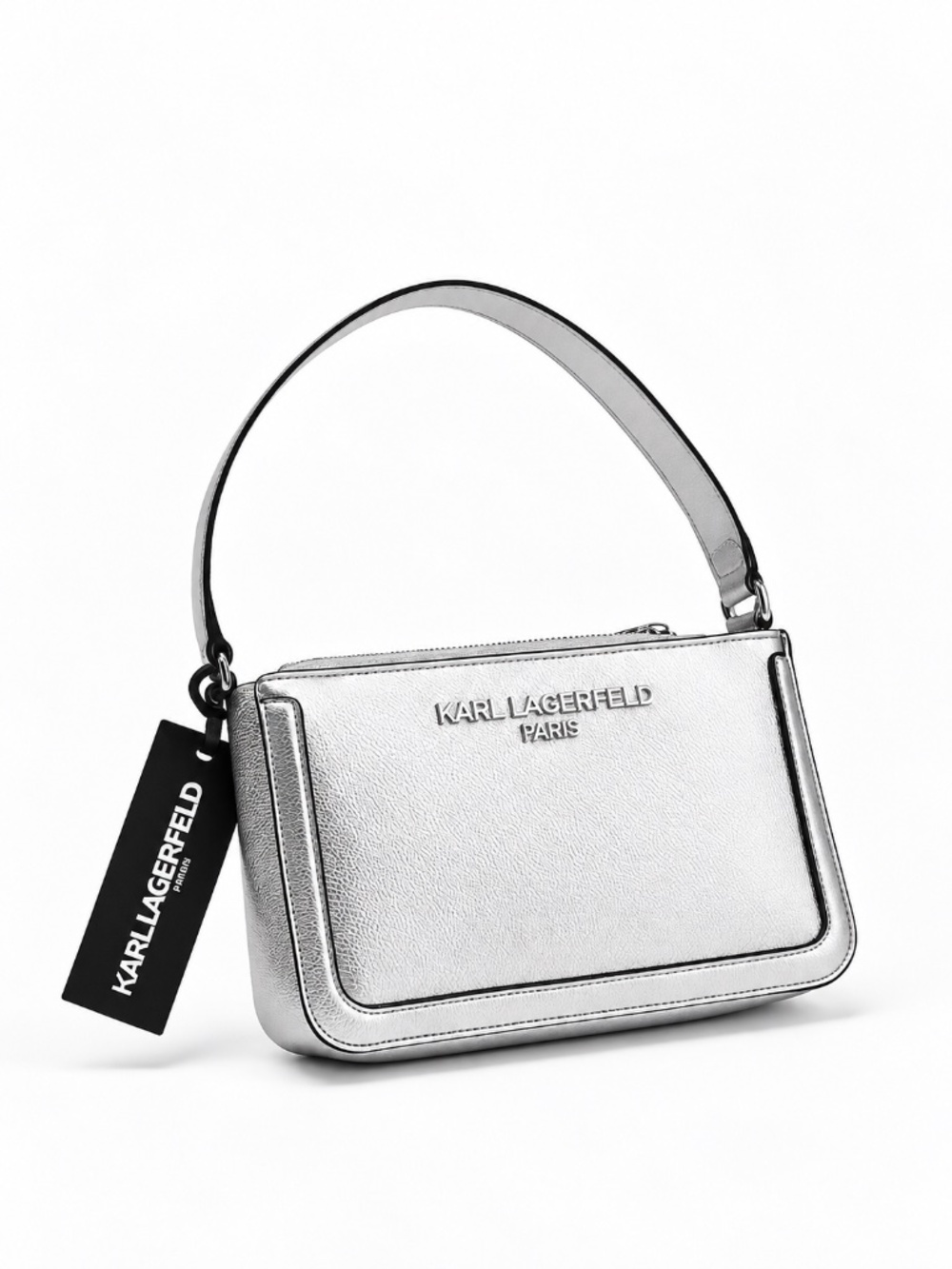 Karl Lagerfeld Paris Metallic Silver Shoulder Bag Small Purse Faux Leather NWT
